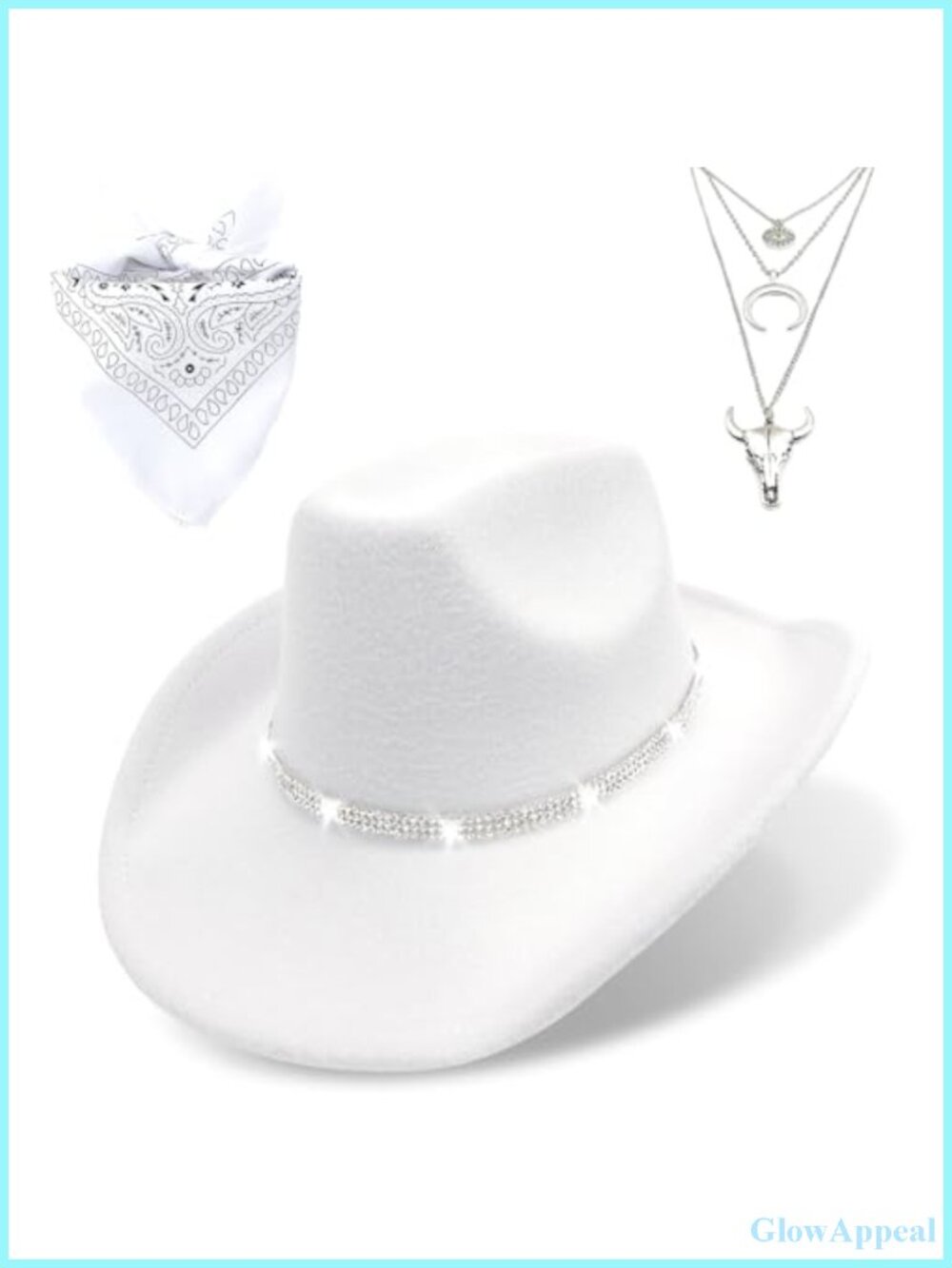 Felt Cowboy Hat with Rhinestones, Adjustable with Bandana and Evil Eye Necklace